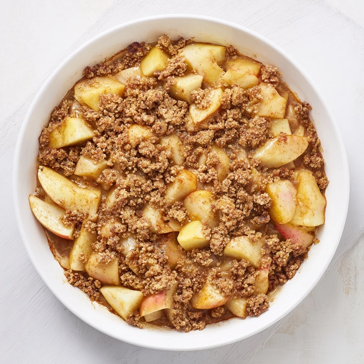 Golden-brown Warm Rustic Apple and Cinnamon Crumble, bubbling and ready to serve with vanilla ice cream.