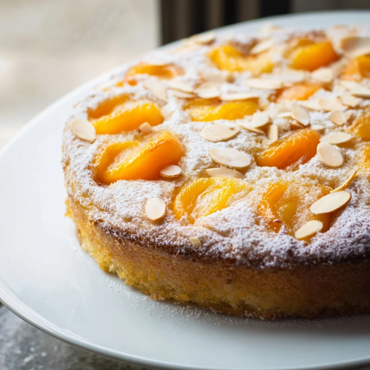 Warm, golden Soft Sweet Plum-Infused Almond Cake with glistening plum slices and a crumbly top.