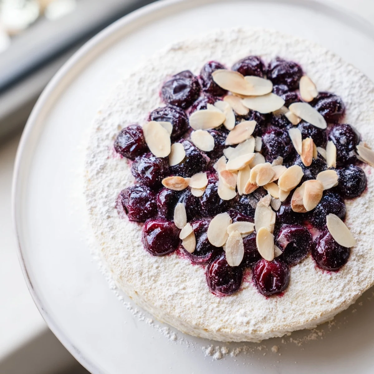 A close-up view of the delicious Soft Sweet Plum-Infused Almond Cake, ready to be sliced and served.