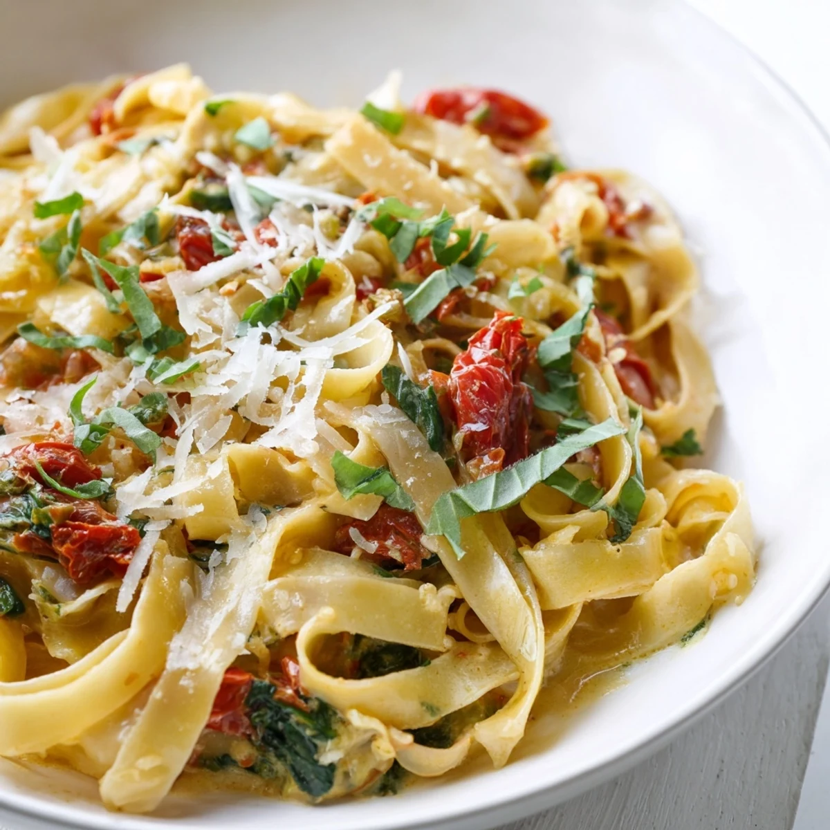 One-Pot Creamy Tuscan Garlic Herb Pasta, looking creamy with fresh basil sprinkled on top.