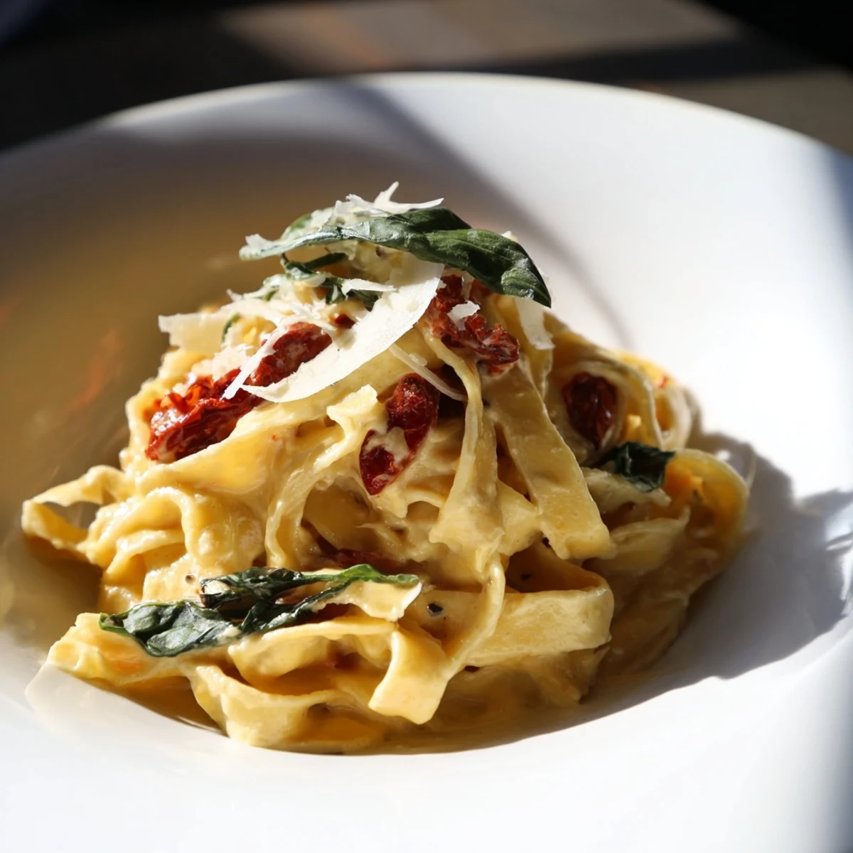 Steaming hot bowl of One-Pot Creamy Tuscan Garlic Herb Pasta, ready to savor its flavors and herbs.