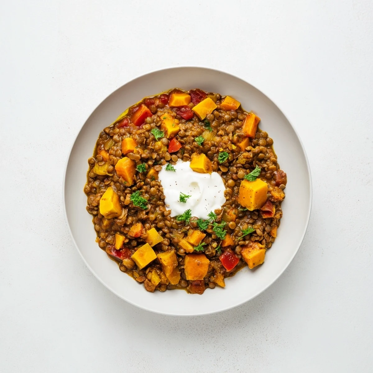 Enjoy this comforting Wheat-Warm Hearty Lentil Curry, garnished with fresh cilantro and a dollop of yogurt.