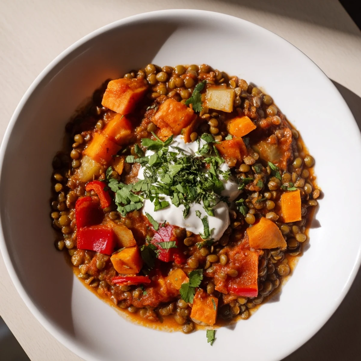 Steaming bowl of Wheat-Warm Hearty Lentil Curry, a flavorful vegetarian main dish with vibrant colors.