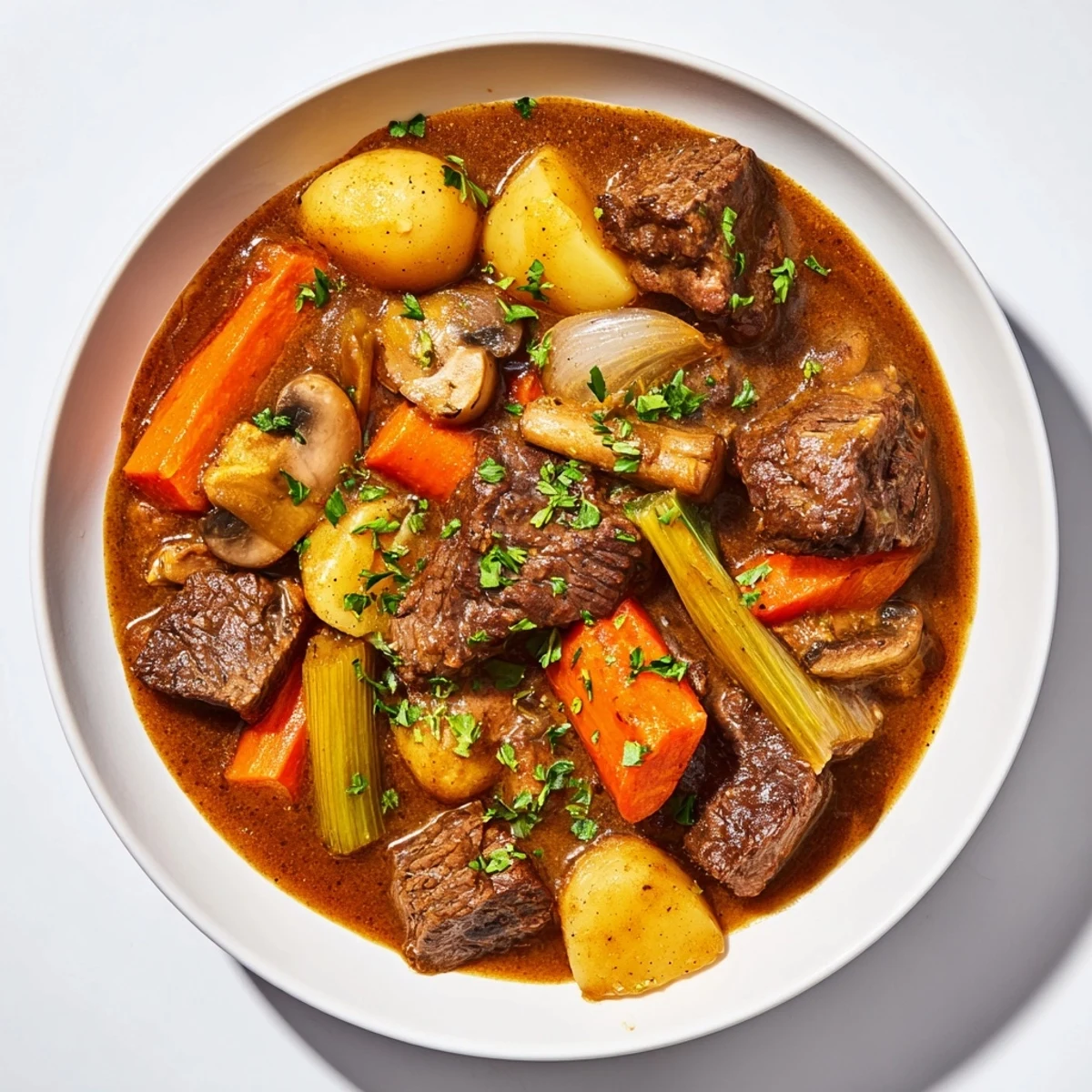 A steaming bowl of earthy beef stew with crusty bread, perfect for a cold evening.