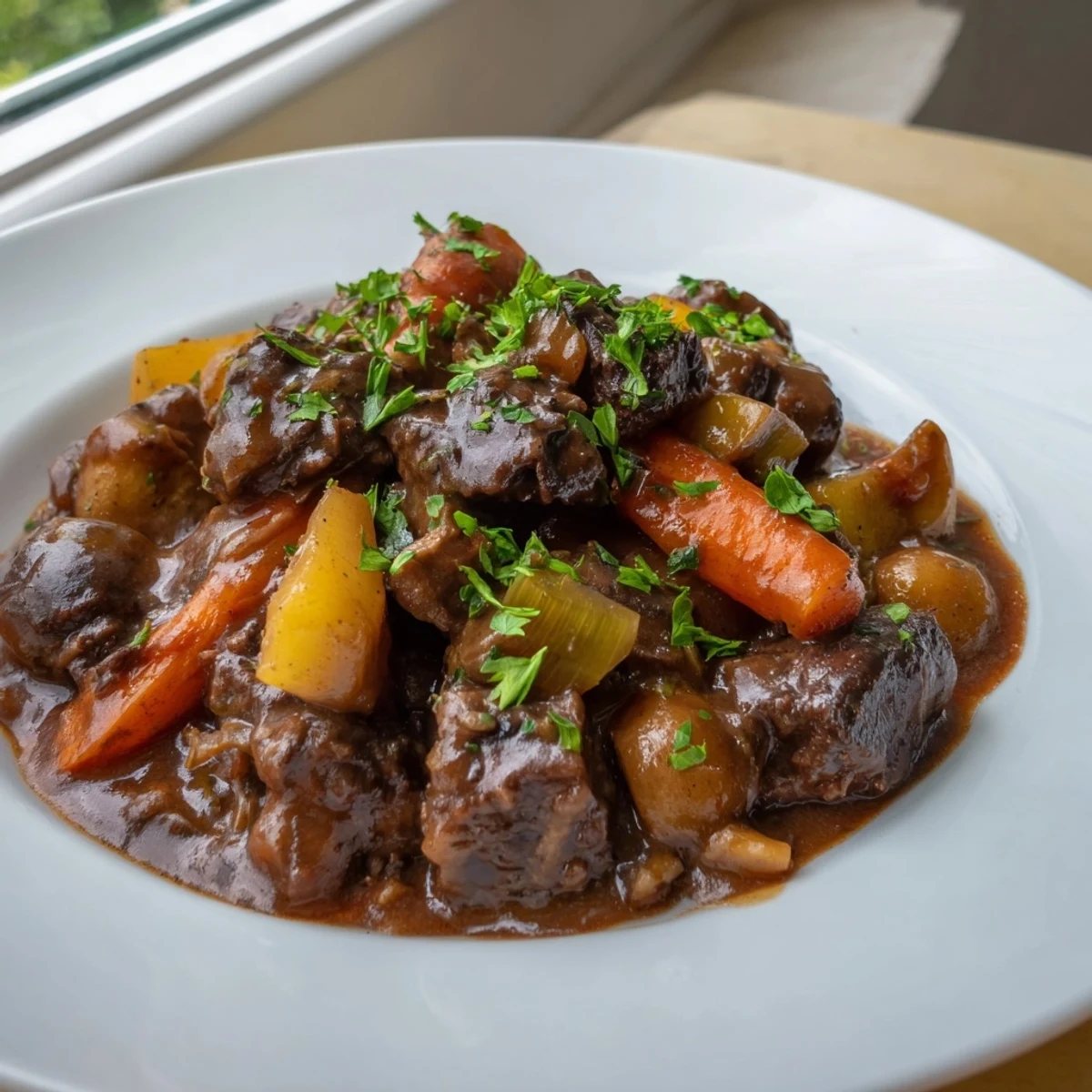 Golden, crusty homemade bread with a side of rich, flavorful earthy beef stew.
