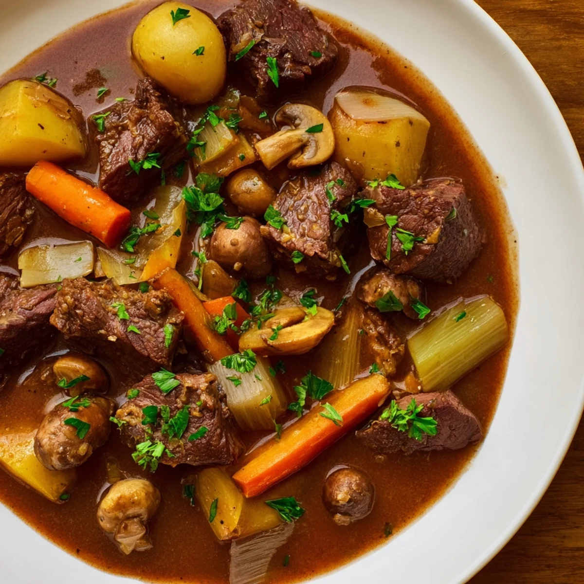 Close-up of hearty earthy beef stew with tender vegetables and crusty, fresh bread.