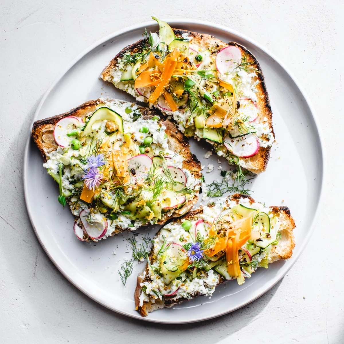 Vibrant Fresh Meadow-Inspired Garden Vegetable Tartines with colorful veggies and creamy herbed cheese spread.