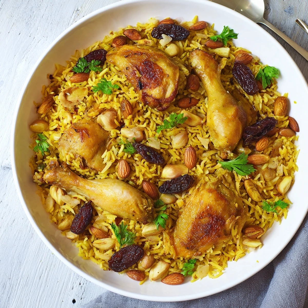 Steaming saffron chicken and rice pilaf with tender chicken, fluffy rice, and toasted almonds.