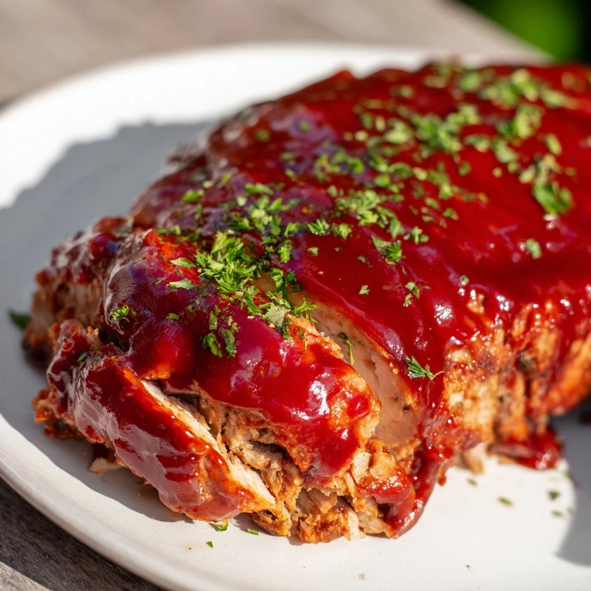Sizzling Everyday Herb-Sprigged Turkey Meatloaf topped with a glossy ketchup glaze, ready to serve.