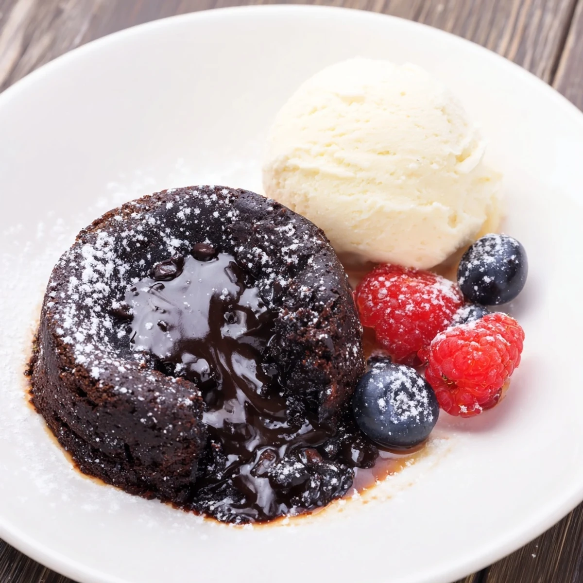 A warm, fudgy dark chocolate lava cake, ready to serve with vanilla ice cream.
