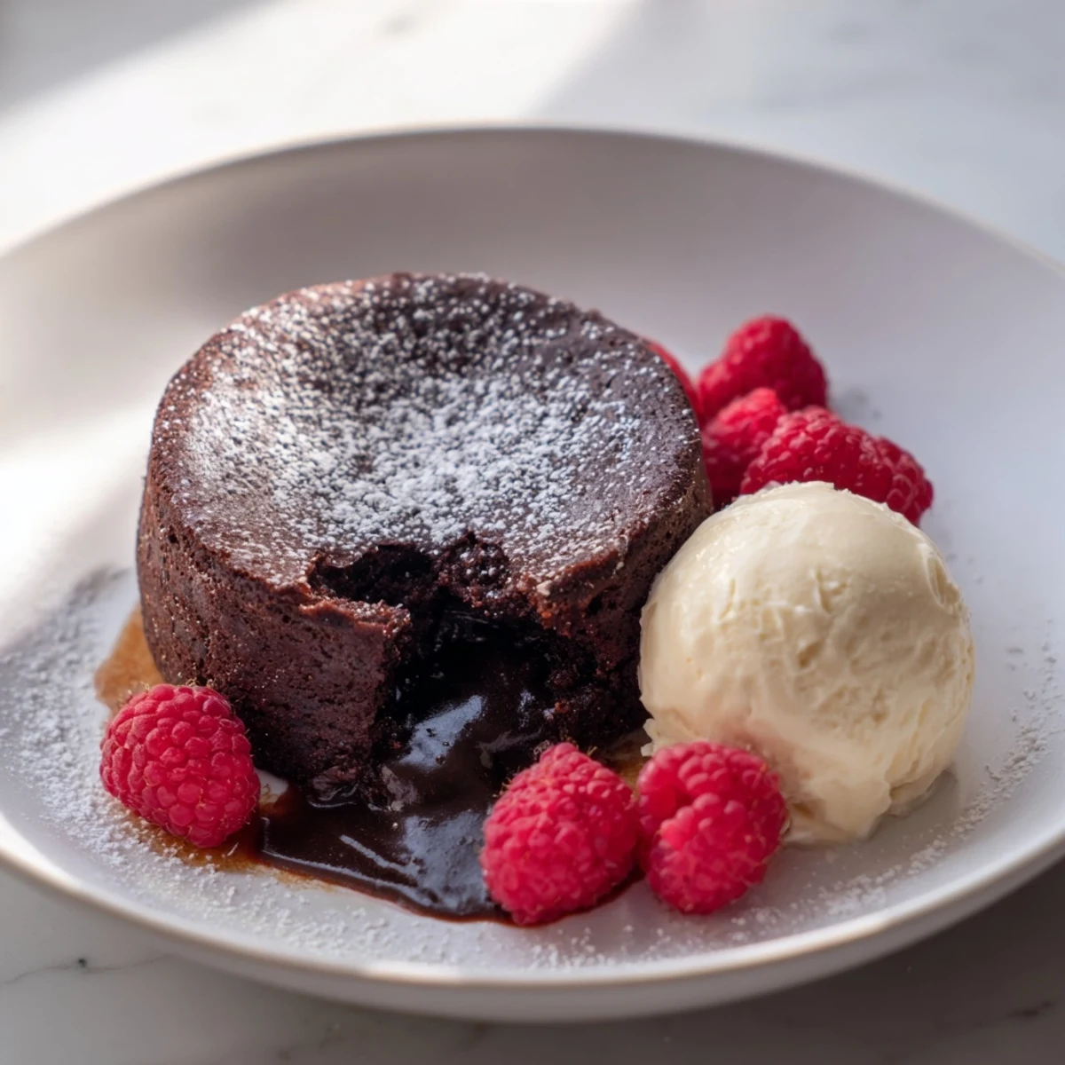 Molten chocolate spills from a freshly baked dark chocolate lava cake, a perfect dessert.
