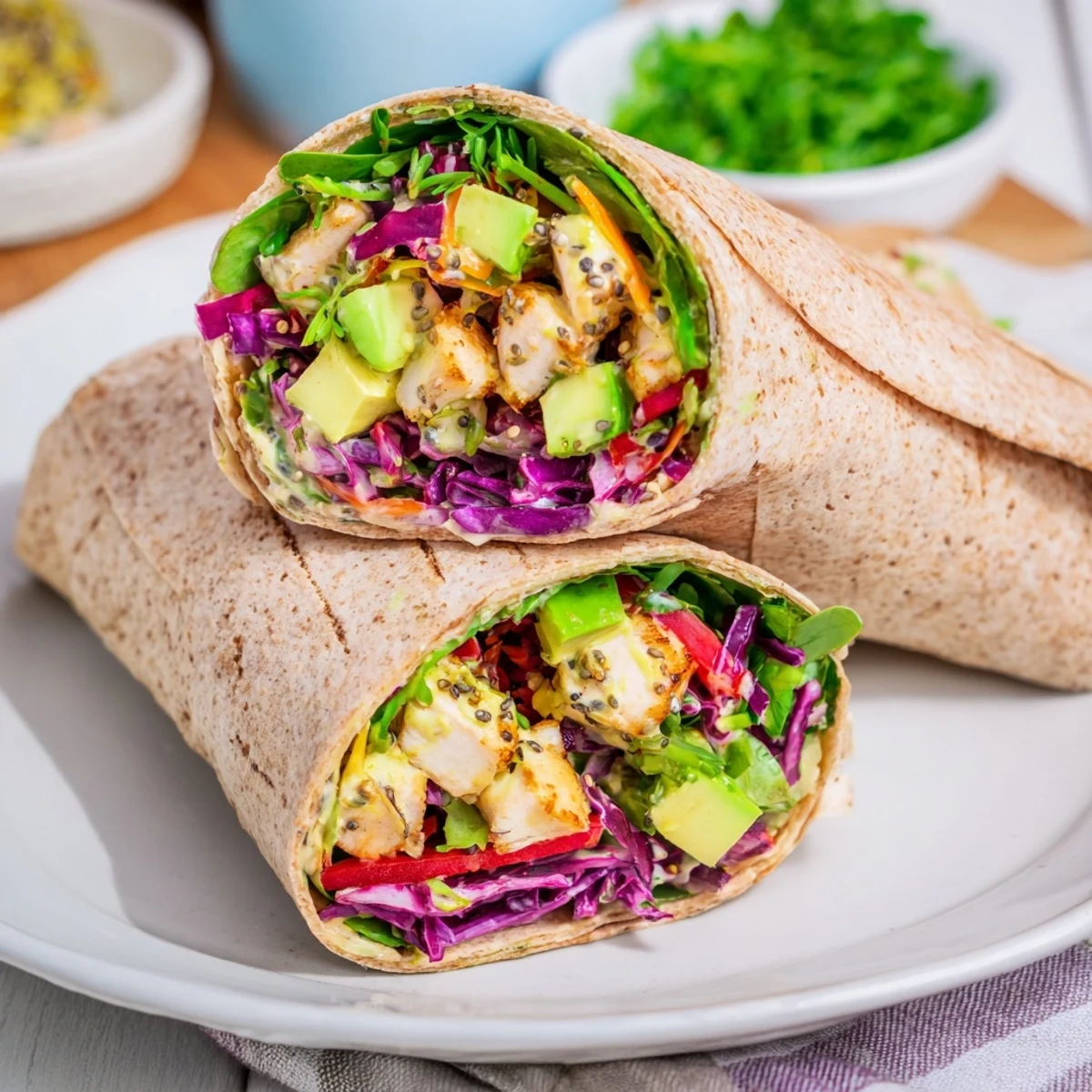 Beautifully plated Poppy-Inspired Chicken Salad Wraps with fresh herbs and colorful vegetable filling for lunch.