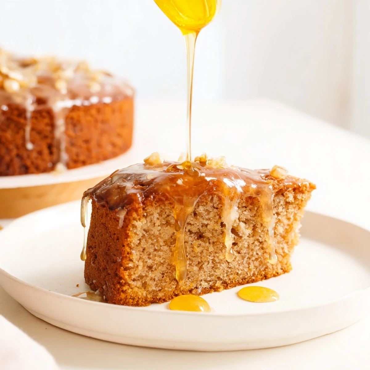 Golden Honey Pound Cake slice, glistening with honey glaze, ready to serve and enjoy.