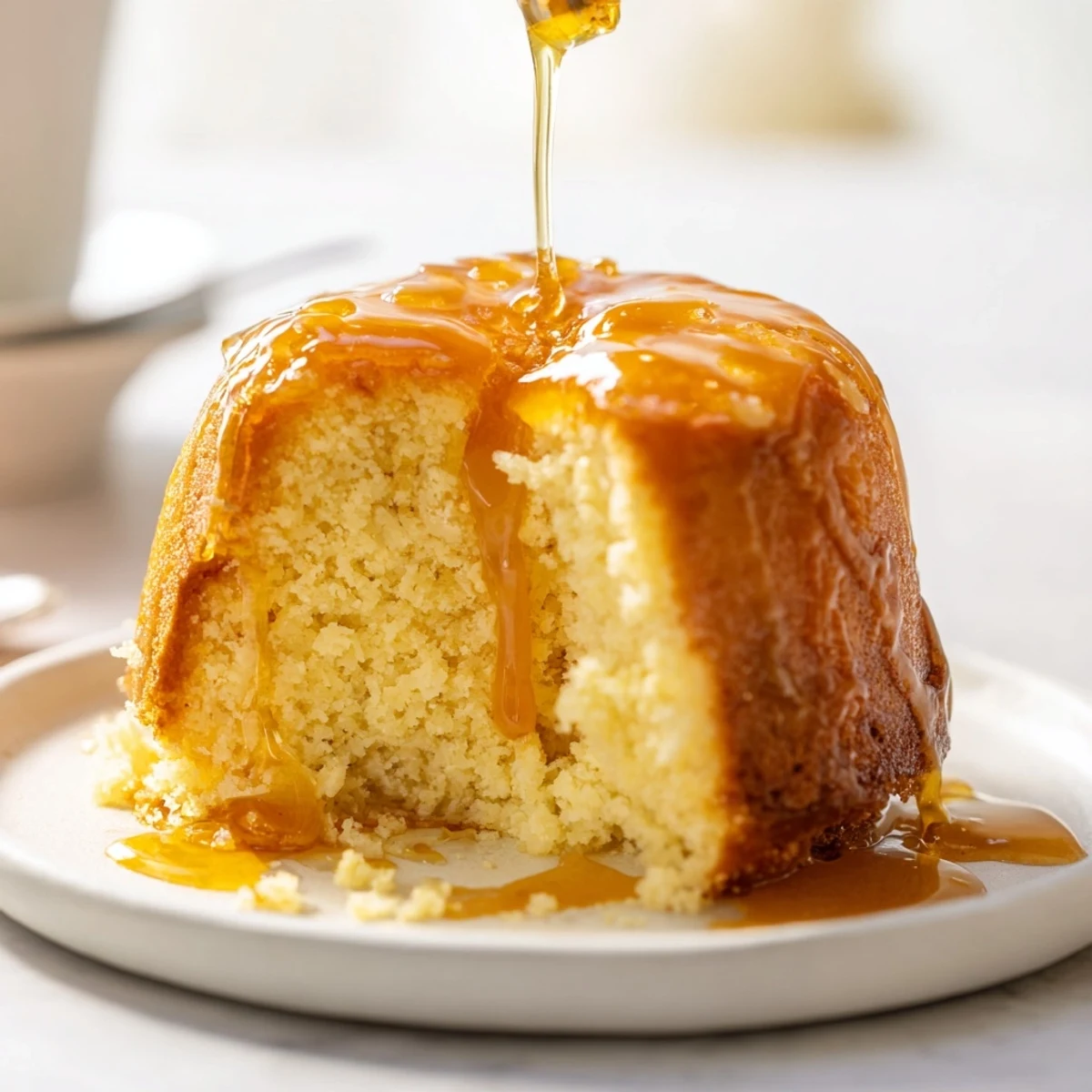 A slice of moist Golden Honey Pound Cake, showing off its delicate crumb and rich flavor.