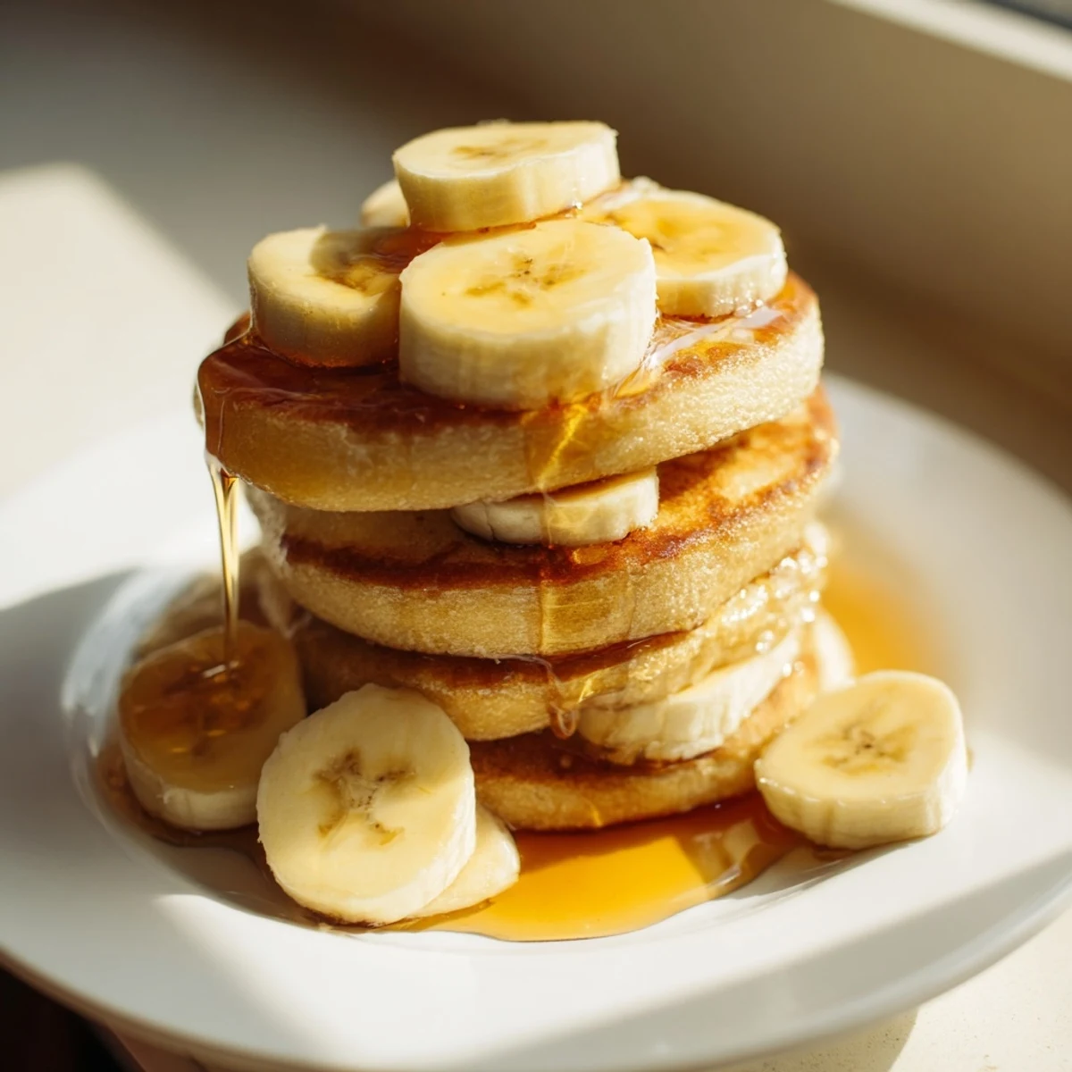 Fluffy Weekend Golden-Brunch Banana Pancakes, drizzled with warm maple syrup, perfect for a cozy brunch.