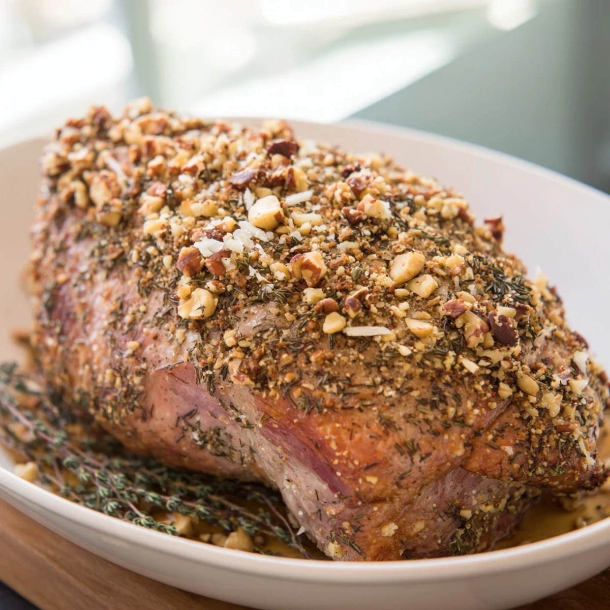 Golden-brown thyme and pecan crusted pork tenderloin, sliced and ready to serve with roasted vegetables.