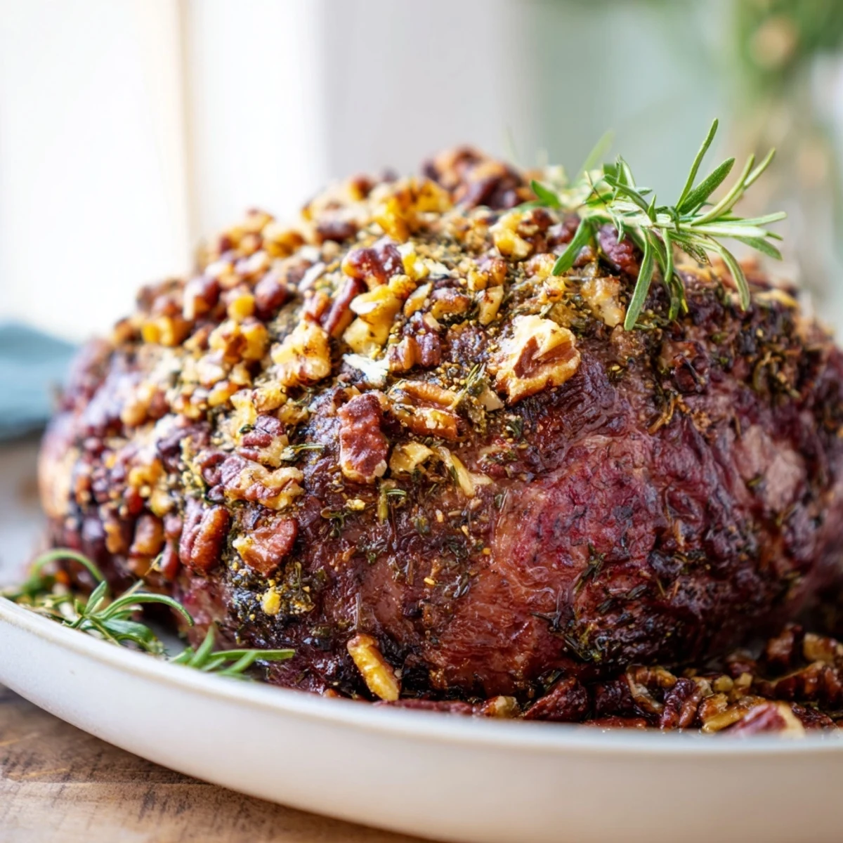 Crispy pecan crust coating a juicy thyme-infused pork tenderloin, offering an aromatic dinner centerpiece.