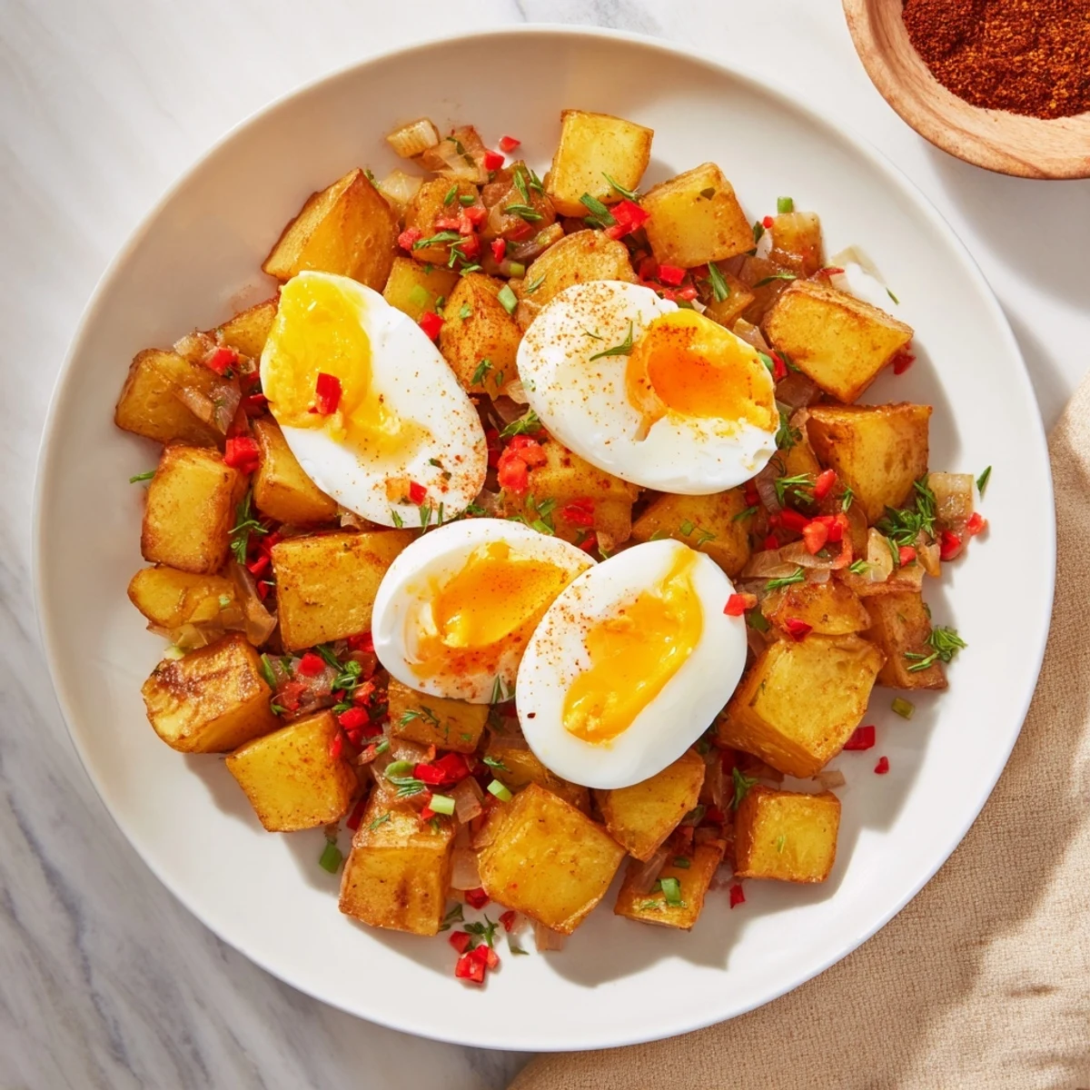 A hearty portion of Simple Skillet Egg and Potato Hash is shown, with crispy potatoes and soft eggs.