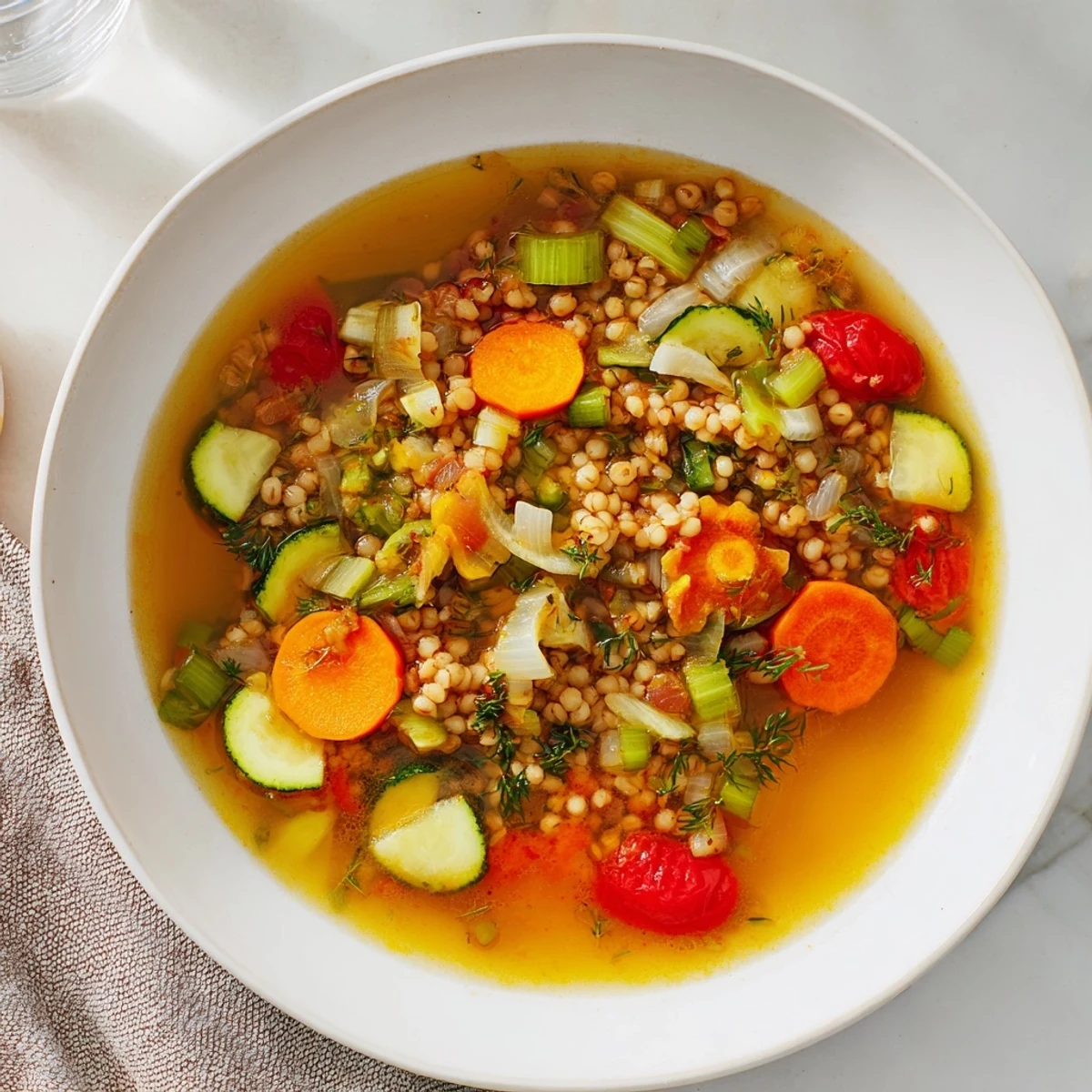 Steaming bowl of Simple Homemade Grain and Vegetable Soup, full of colorful vegetables, perfect for a cozy dinner.
