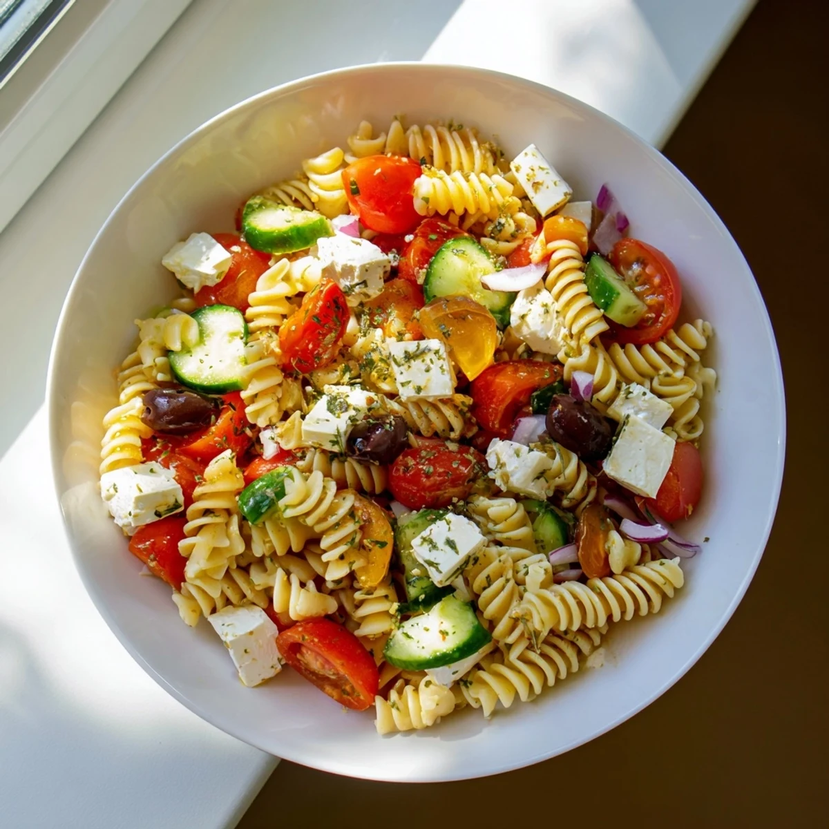 Mediterranean Olive Oil and Feta Pasta Salad, a colorful mix of veggies and crumbled feta.
