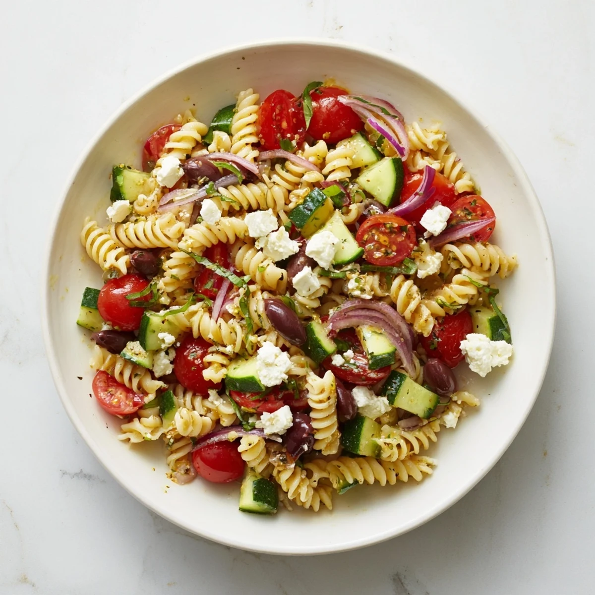 This bright Mediterranean Olive Oil and Feta Pasta Salad features juicy tomatoes and Kalamata olives.