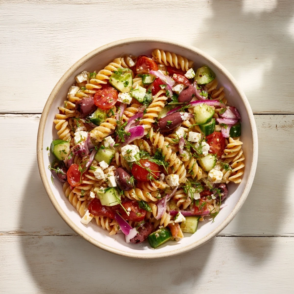 Enjoy a refreshing bowl of Mediterranean Olive Oil and Feta Pasta Salad, perfect for summer eating.