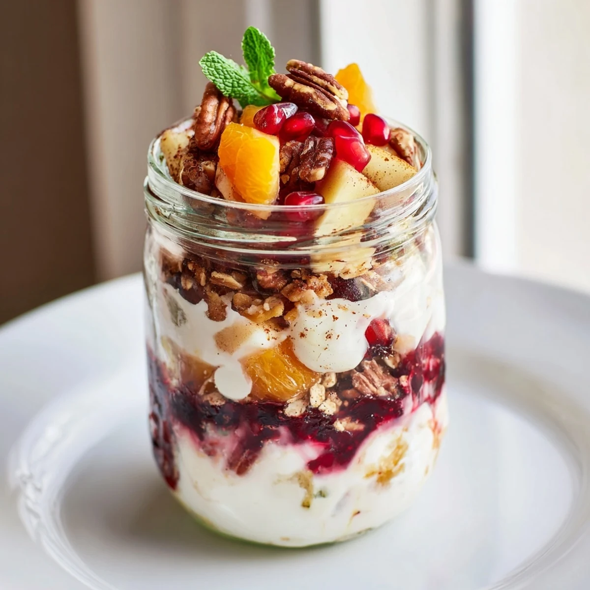 Christmas pudding yogurt parfait bar offers layers of creamy goodness with festive toppings and berries.