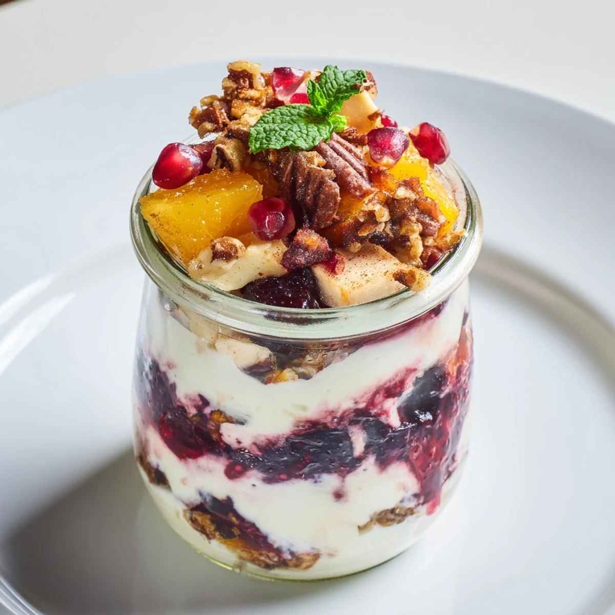 Elegantly layered Christmas pudding yogurt parfait bar, perfect for a festive brunch, featuring fresh fruit.