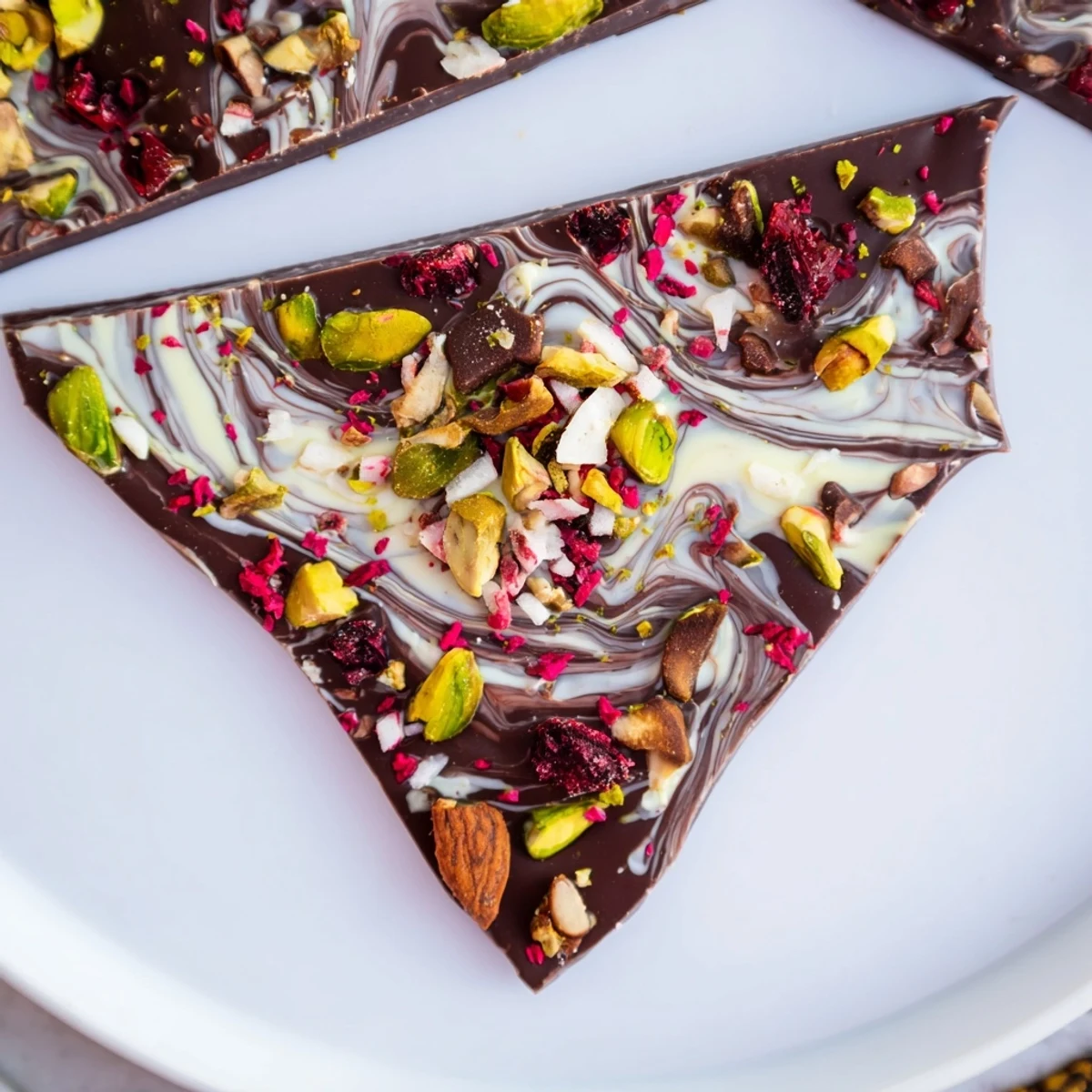 A gorgeous display of Holiday Bark shards, studded with pistachios and cranberries, ready to enjoy.