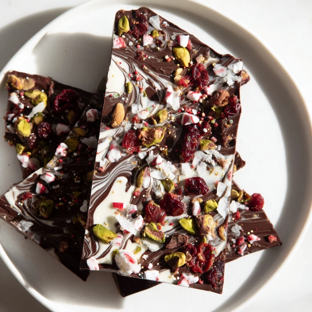 Colorful holiday bark with peppermint and coconut, perfectly broken into festive, edible shards.