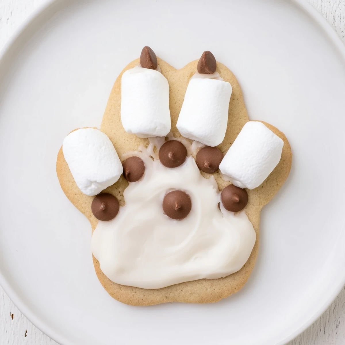Frosted Polar Bear Paw Print Cookies decorated with chocolate chips, ready for a winter treat.