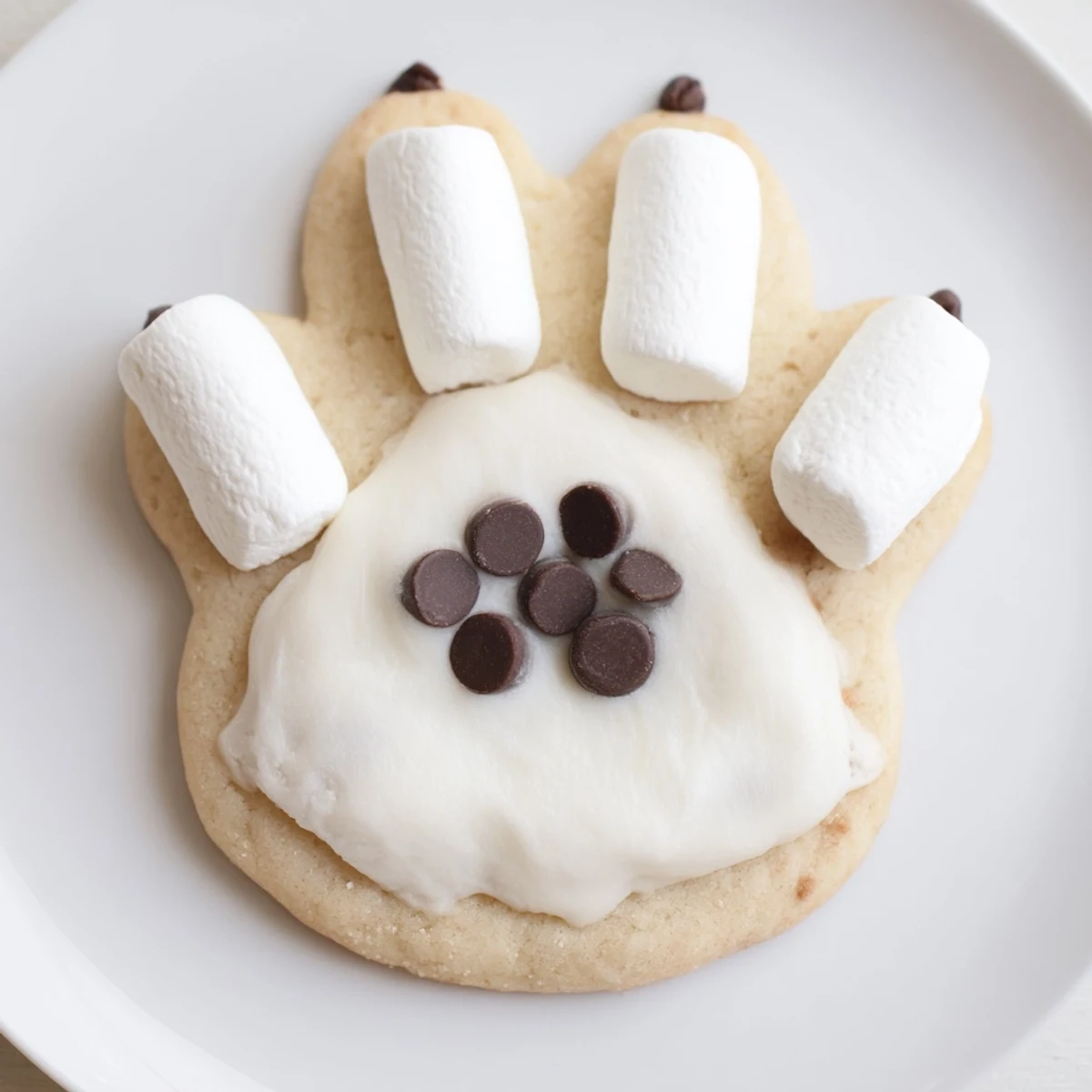 Freshly baked Polar Bear Paw Print Cookies, perfect for a children's party, arranged on a tray.