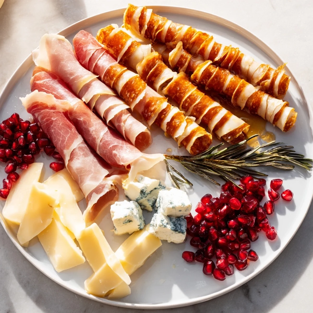 A vibrant winter forest charcuterie scene, featuring delicious meat and cheese selections.