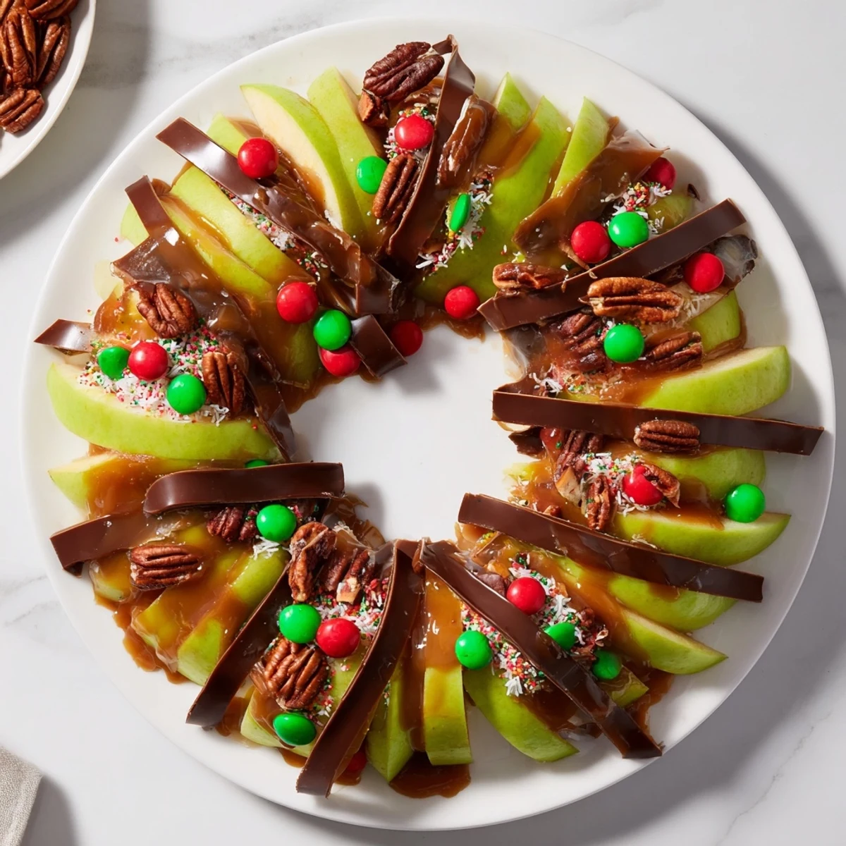 This Caramel Apple Slice Christmas Wreath displays a luscious arrangement of caramel-covered apples with colorful decorations and festive flair.