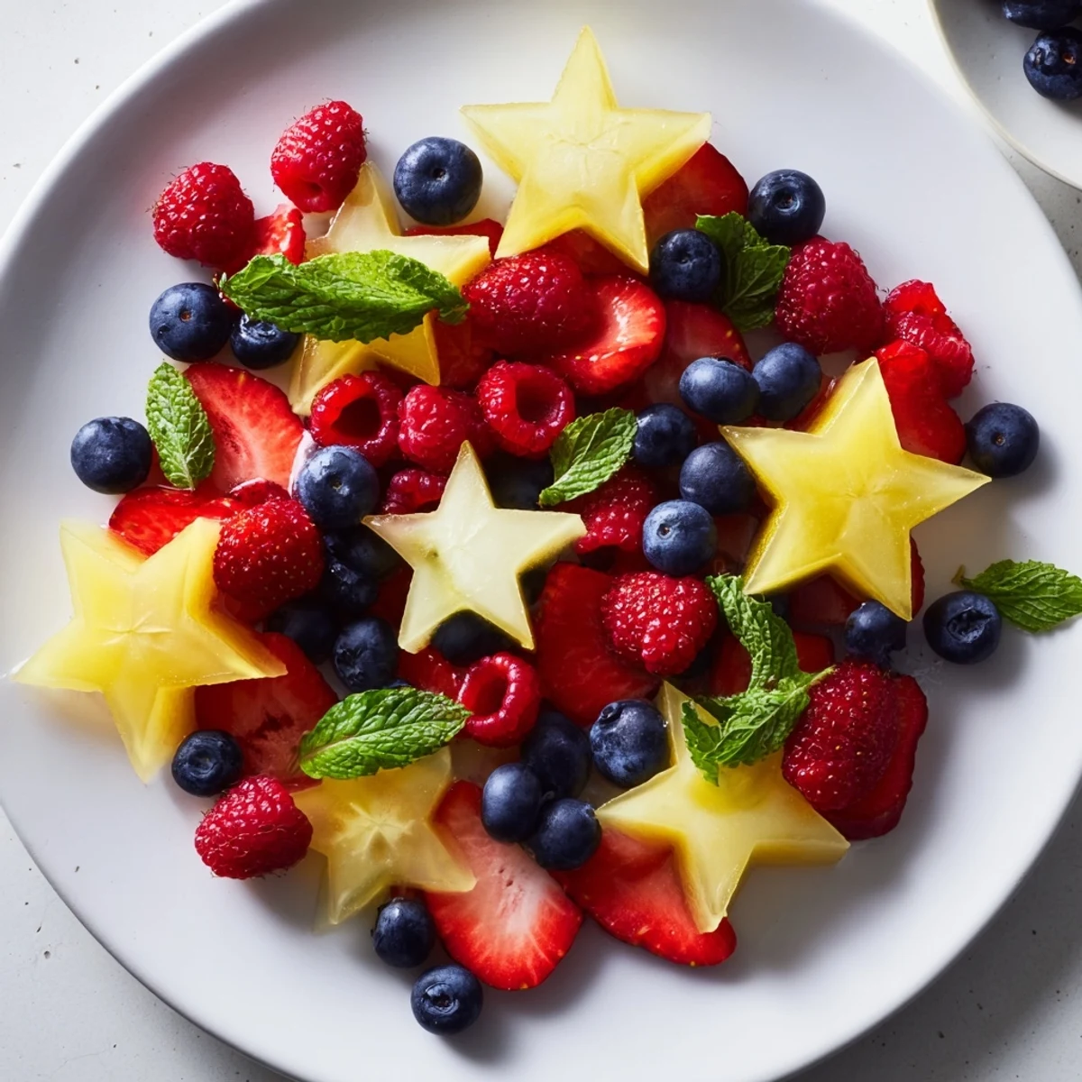 Bright starfruit and berry platter, bursting with fresh, juicy strawberries, blueberries, and raspberries.