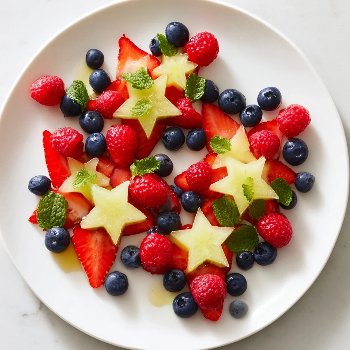 A colorful starfruit and berry platter, a light, refreshing vegan snack perfect for summer gatherings.