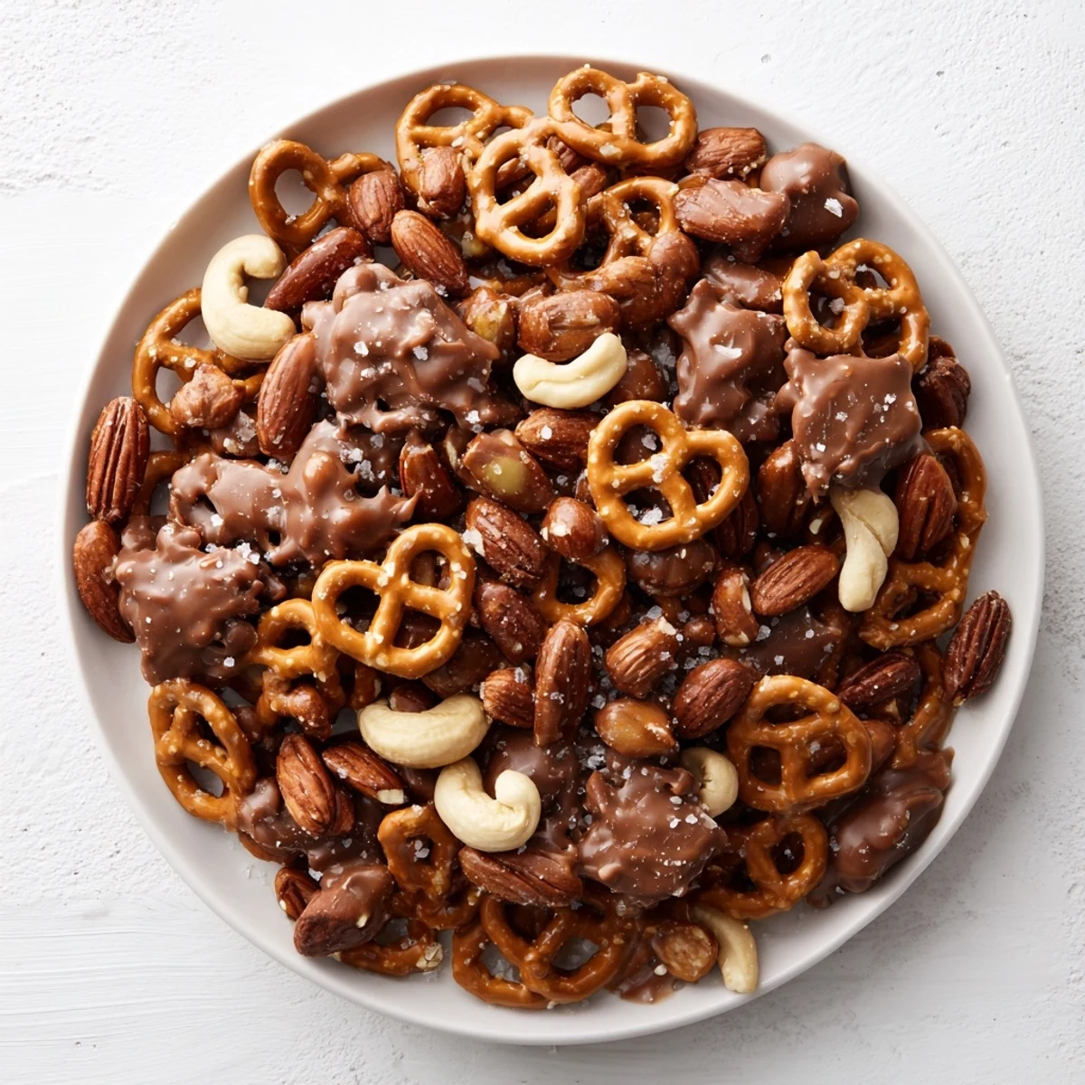 Golden salted caramel pretzels and nuts, a sweet and salty snack, ready to be enjoyed.