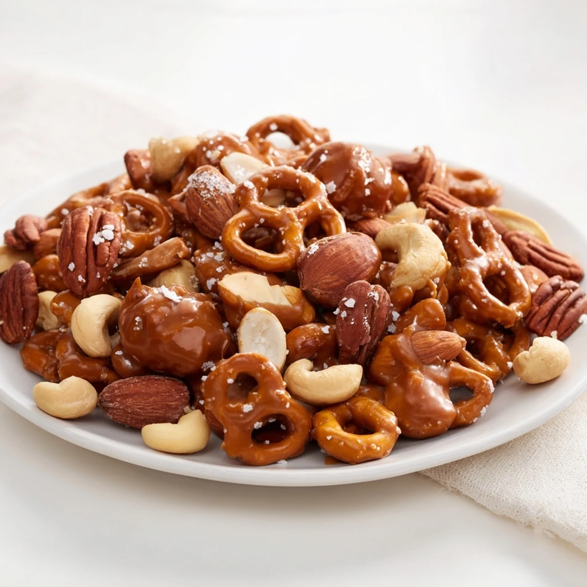 Crunchy salted caramel pretzels and nuts, perfectly coated, making a delicious party snack.