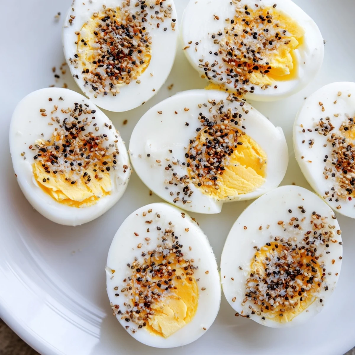 Close-up of a brunch board: Sliced hard-boiled eggs with everything bagel seasoning alongside fresh veggies.