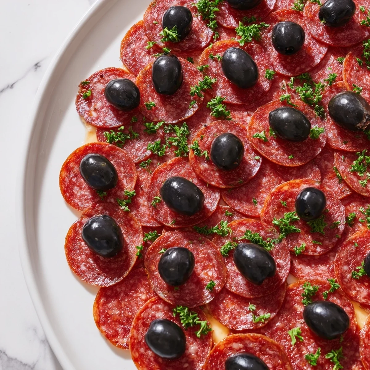 Sliced pepperoni and olive halves arranged on a platter, a simple savory appetizer ready to enjoy.