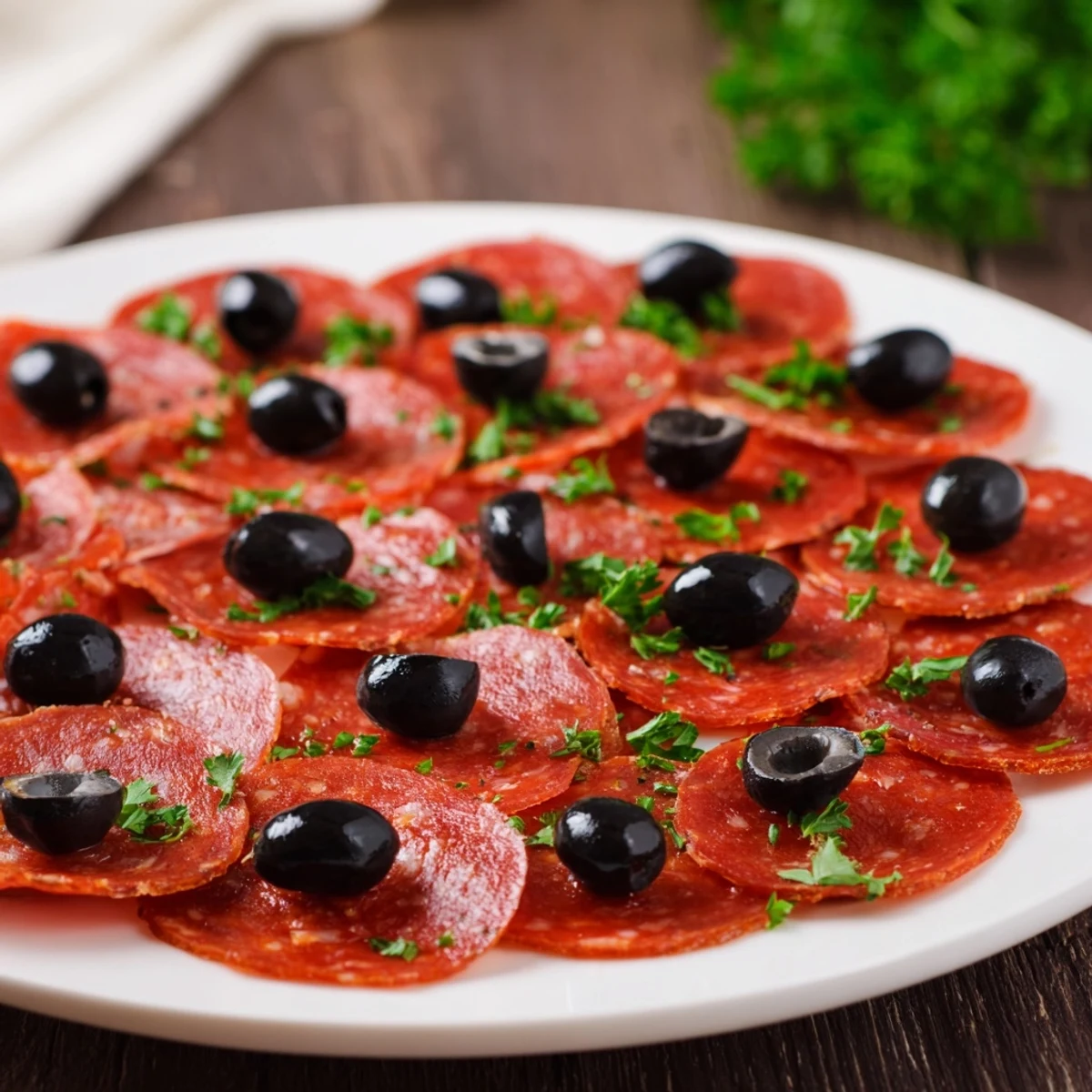 Close-up of vibrant sliced pepperoni and olive halves, perfect for a quick gluten-free snack.