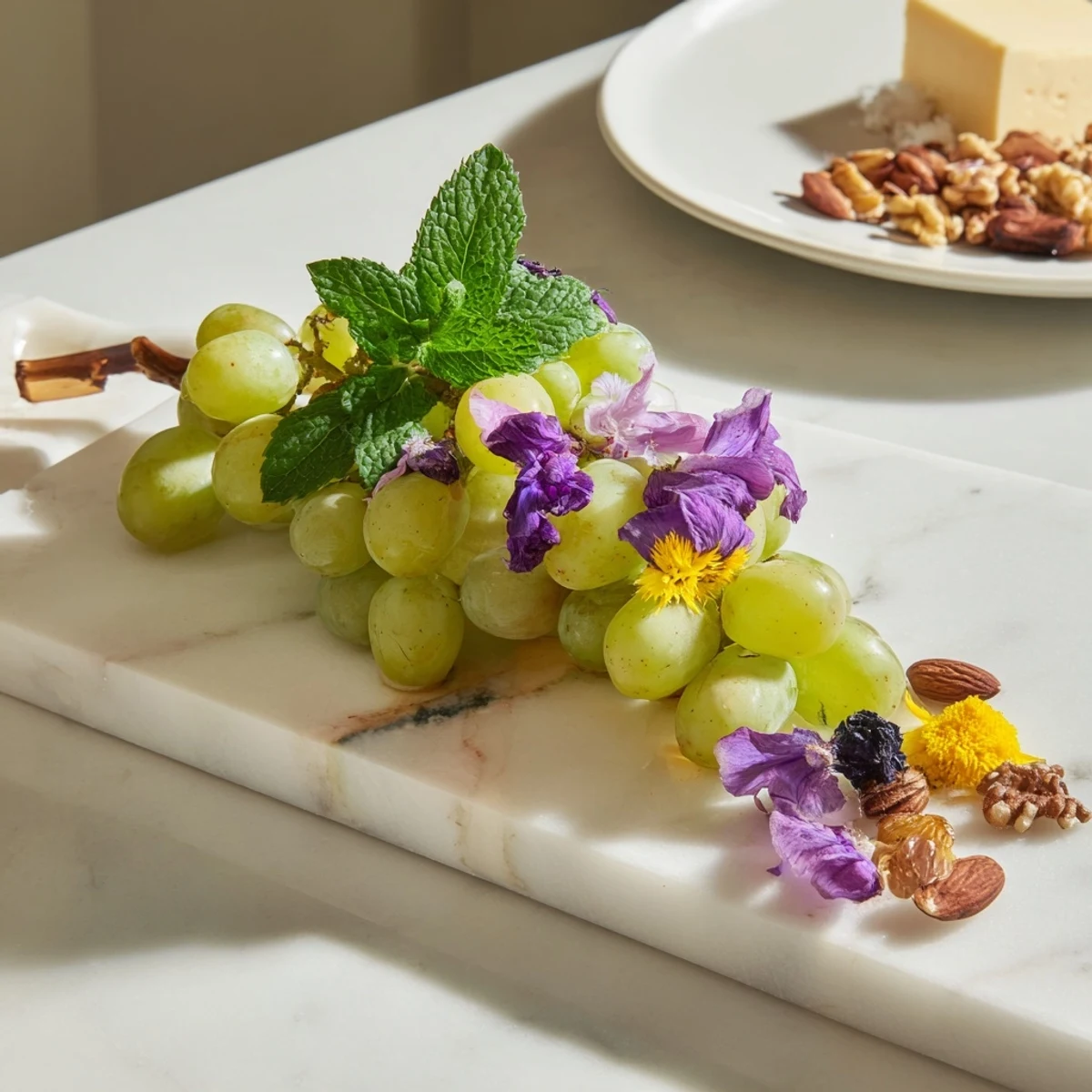 Juicy red and green grapes spilling elegantly over a wooden board offer a simple, vibrant appetizer.