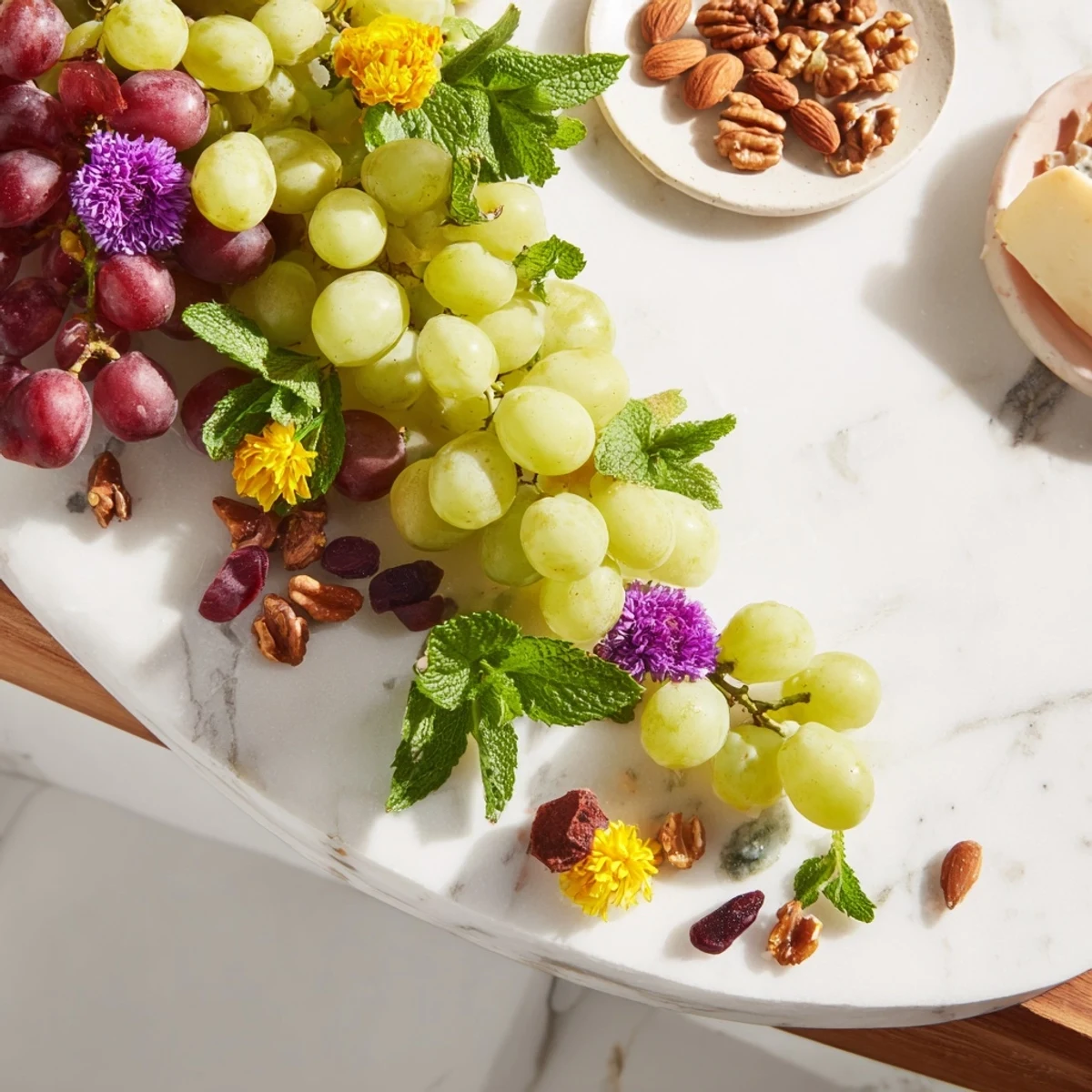 Vibrant arrangement of fresh grapes, cascading beautifully over a serving board, ready to eat and enjoy.