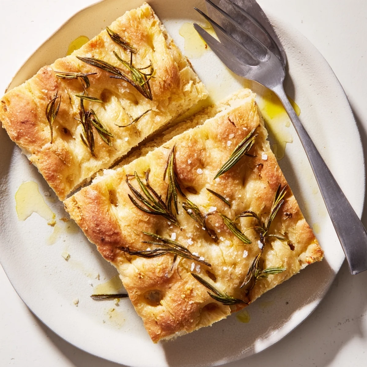 Golden, sliced Holiday Bread focaccia topped with rosemary and sea salt, ready to serve warm.