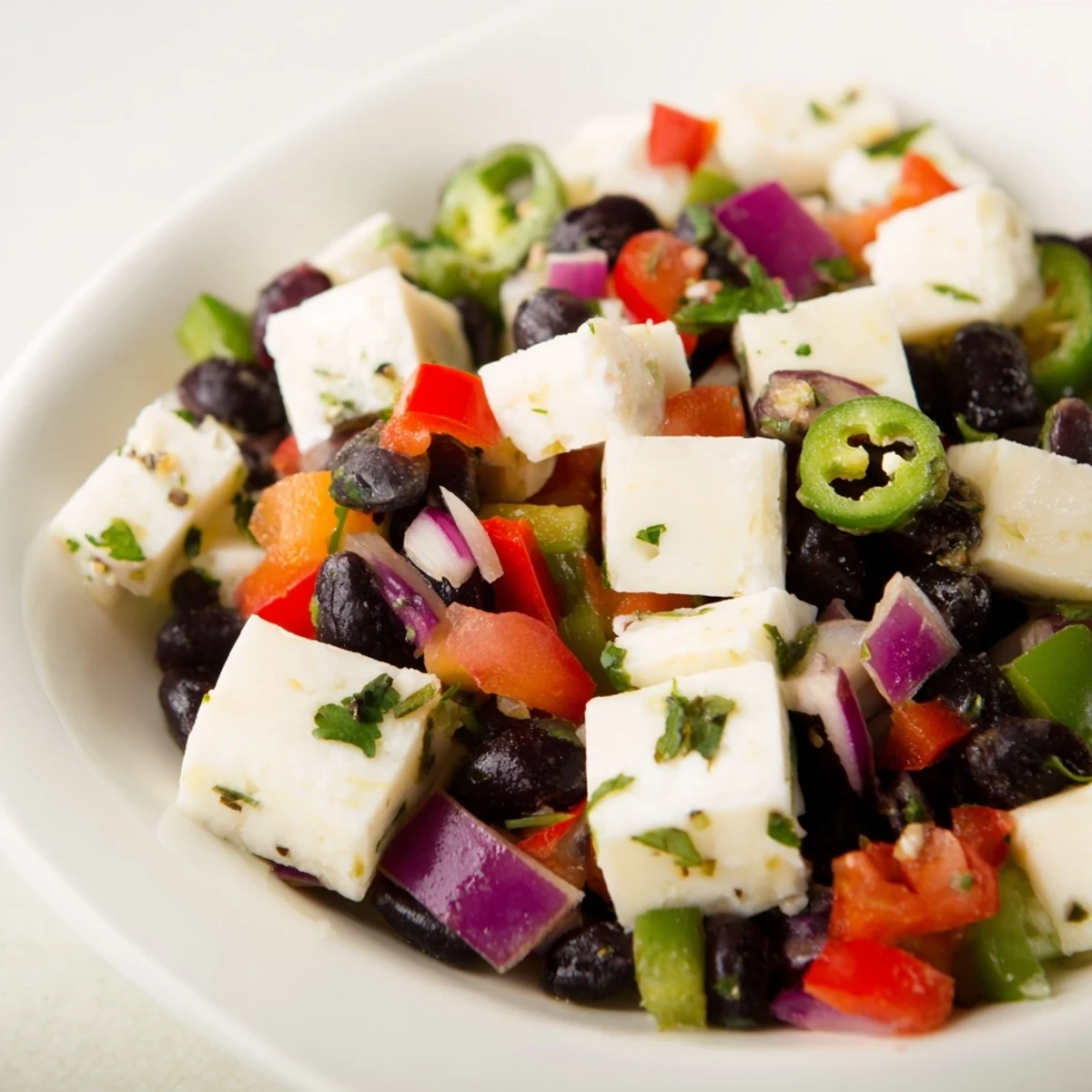 Fresh, vibrant black bean salsa surrounds melted Pepper Jack cheese cubes, making savory bites.