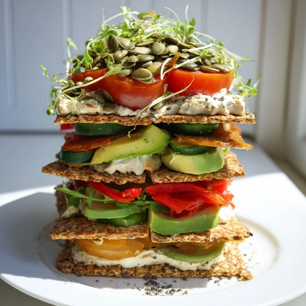 A towering display: The gluten-free gourmet tower features colorful layers of crackers, bread, and toppings.