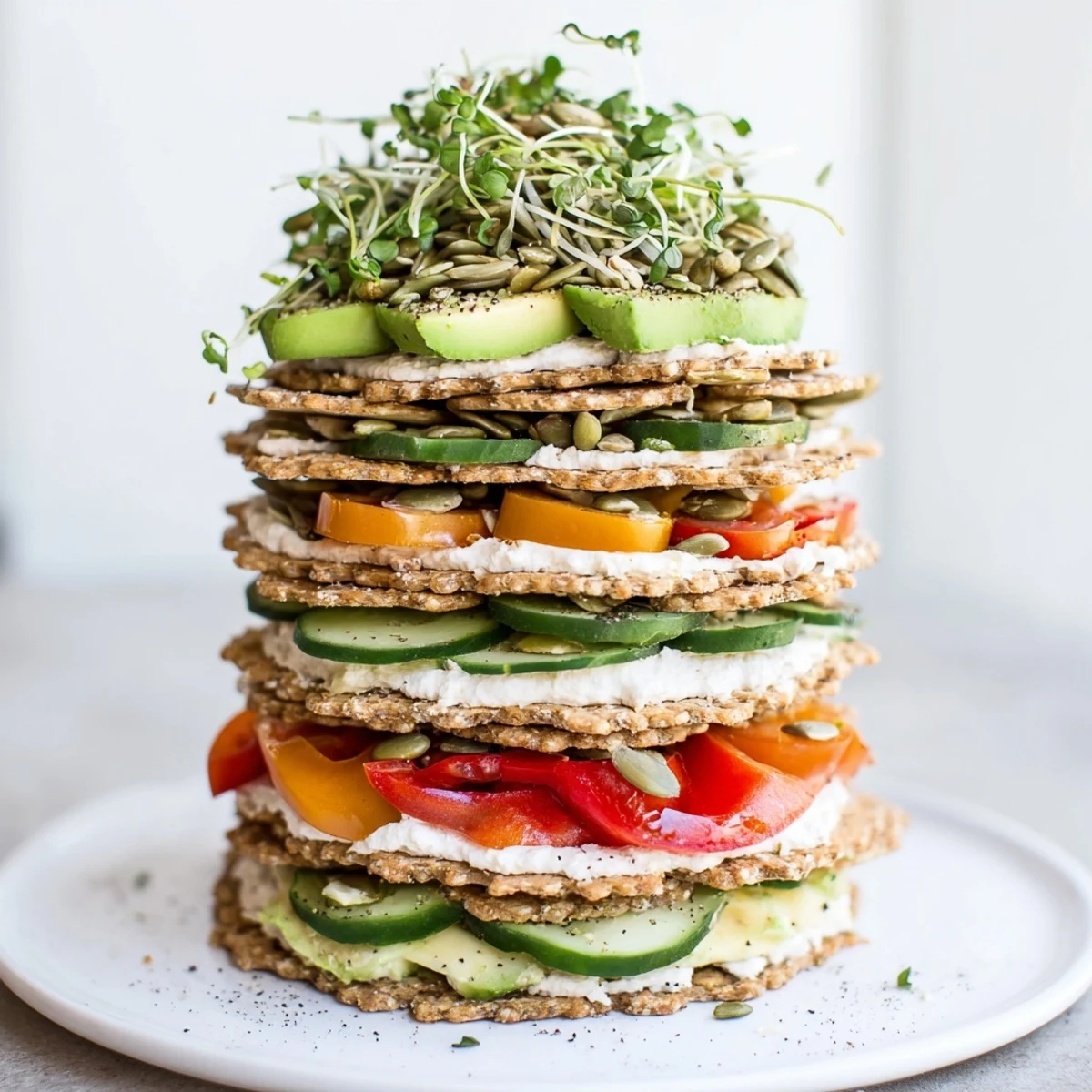 Sensory delight: Taste the creamy, piled high gluten-free gourmet tower with fresh vegetables and flavorful spreads.