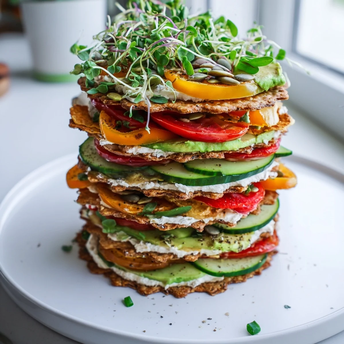Perfect appetizer: This gluten-free gourmet tower looks like a feast, with stacked slices and appealing garnishes awaiting guests.