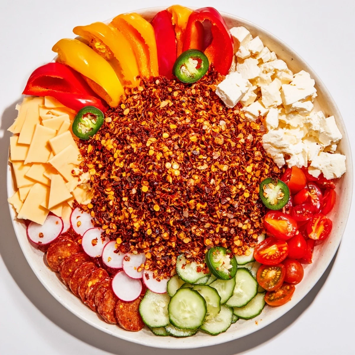 A spicy hot take platter with vibrant peppers, cheeses, and crunchy crackers for serving.
