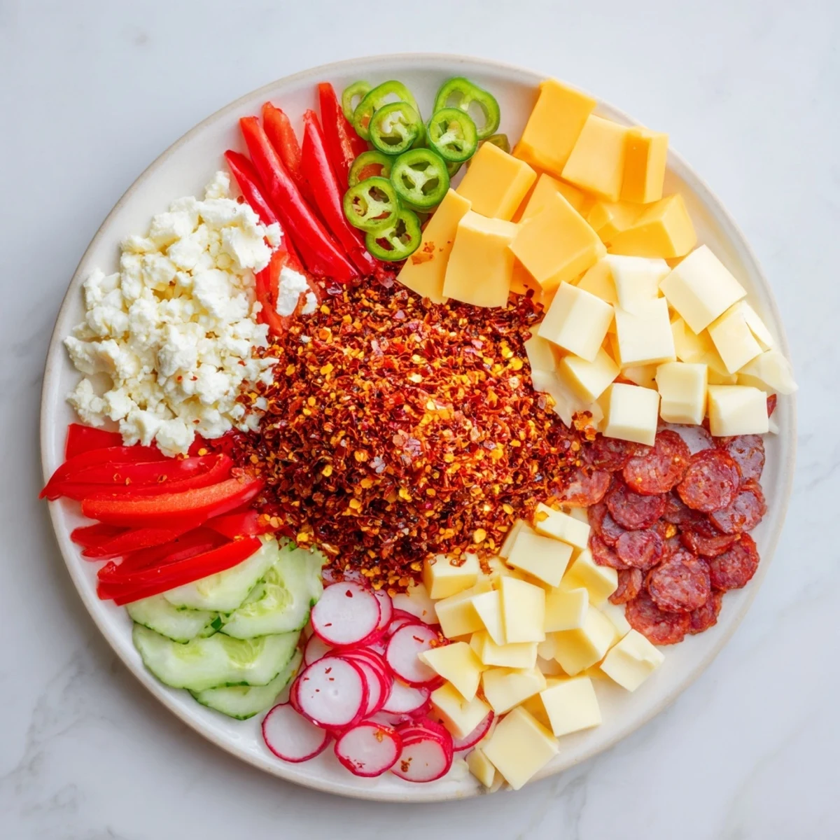 The spicy hot take platter, radiating with fresh veggies, cheeses, and dips, ready to serve and enjoy.